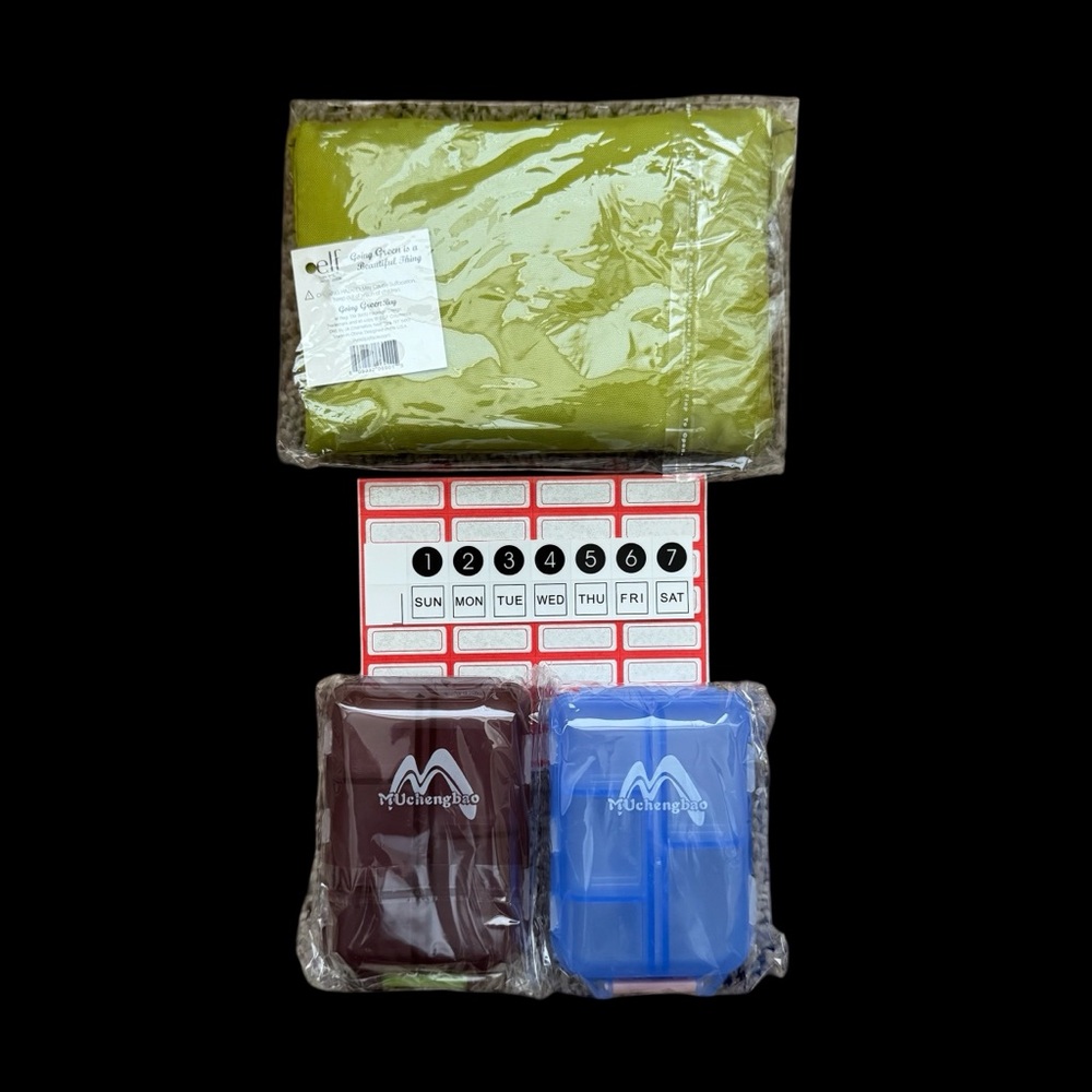 Travel essentials pill boxes and foldable bag